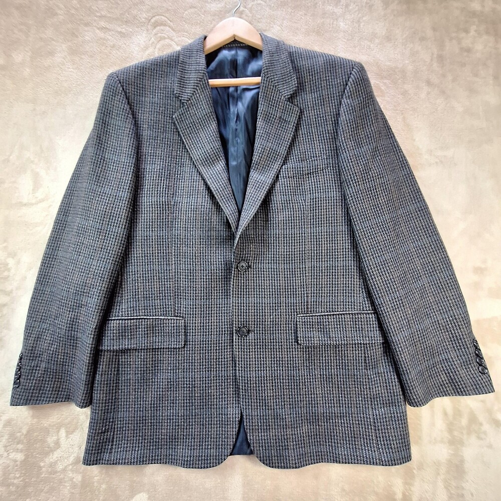 Club Room Blazer Sport Coat Mens 46L Gray Wool Cashmere Houndstooth 2 Button